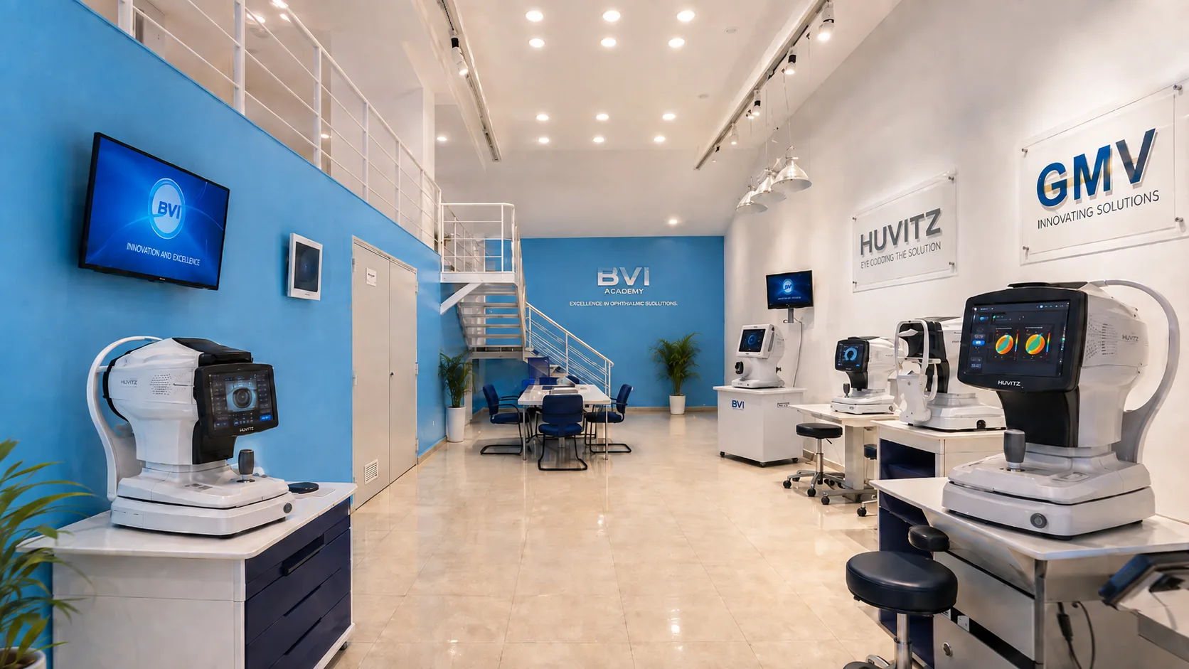 Showroom réel ASEM à Hamma, Alger, avec mur bleu, mezzanine et équipements ophtalmologiques