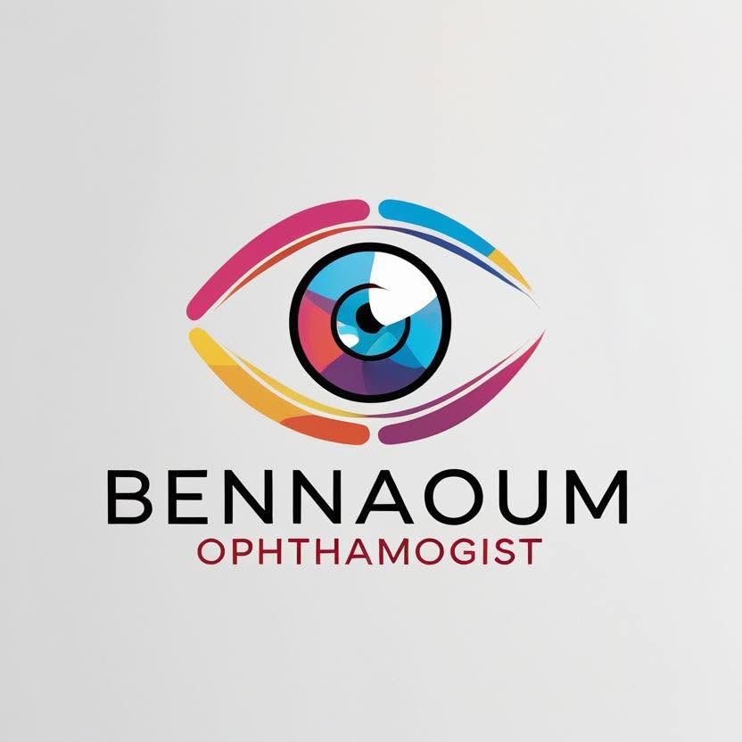 Logo du cabinet Bennaoum, avec symbole d’œil multicolore.