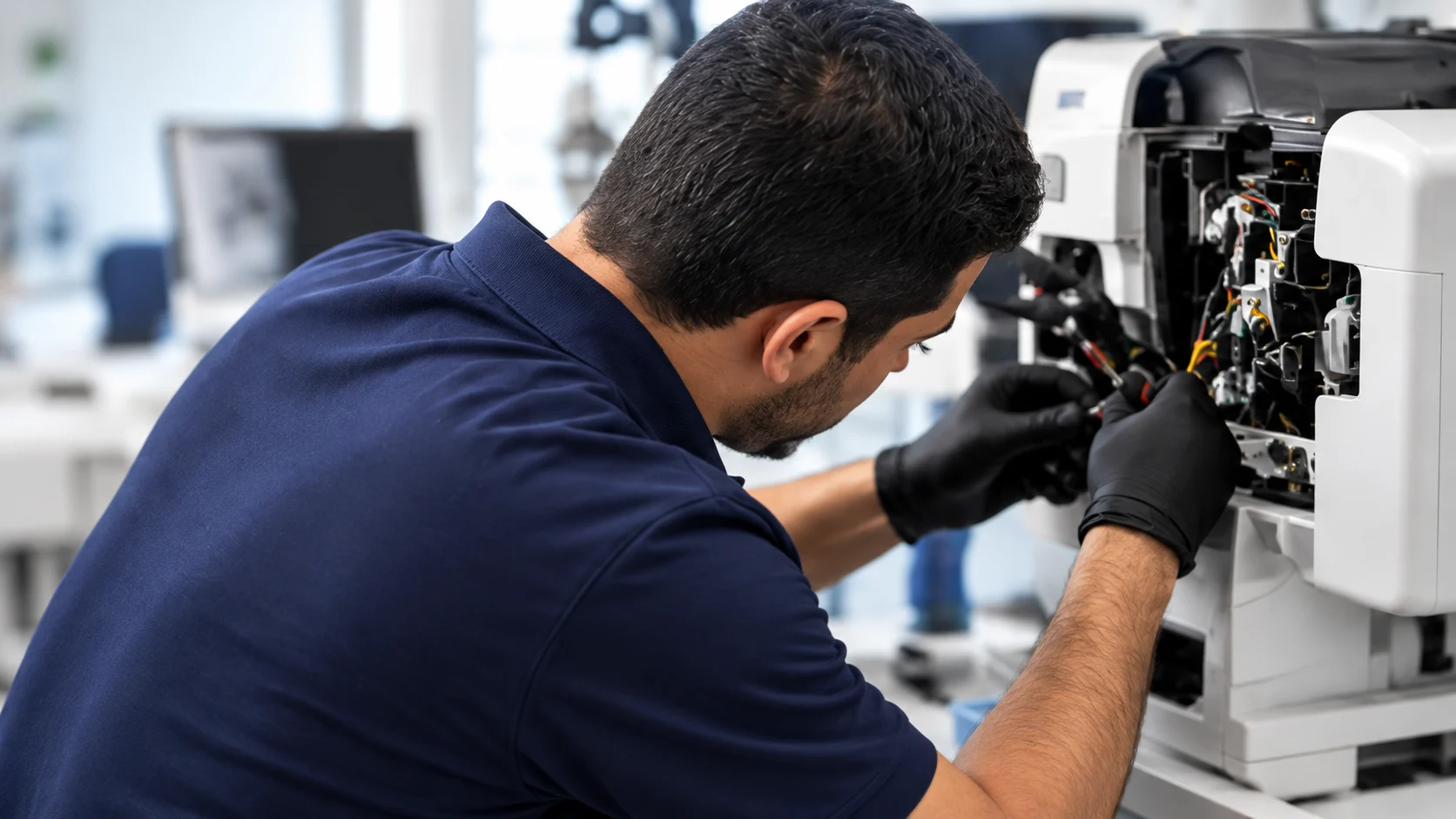 Techniker bei der Unterstützung einer Fachkraft im Umgang mit ophthalmologischen Geräten