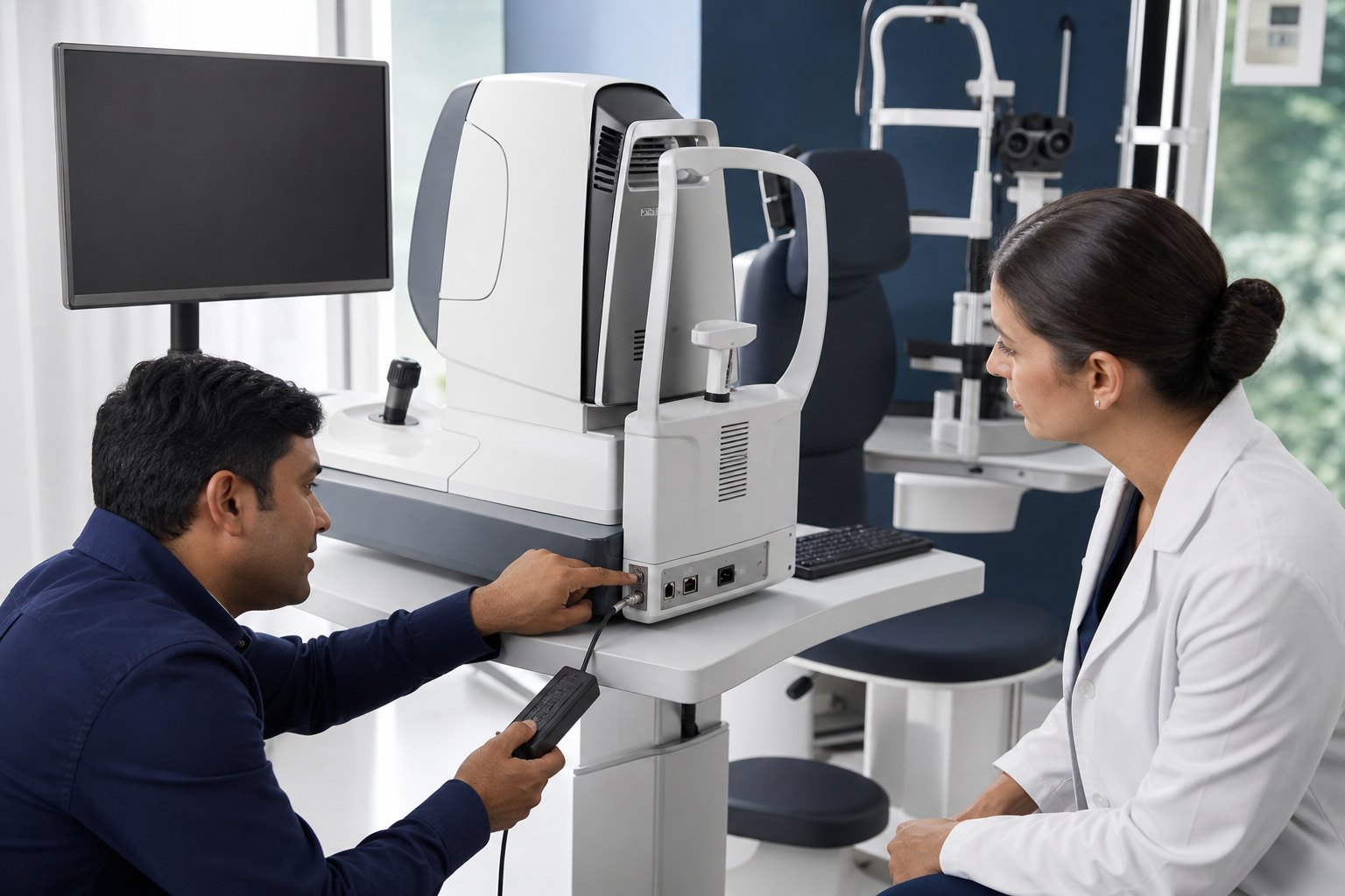 Technicien ASEM accompagnant la mise en service d’un équipement ophtalmologique
