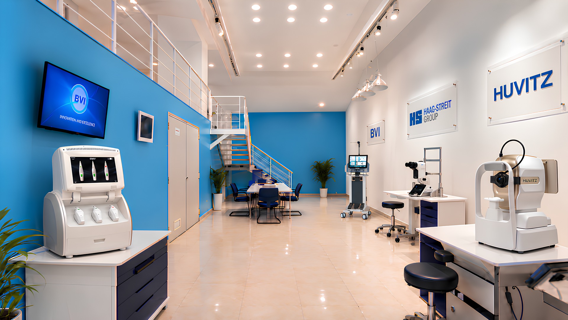 Echter ASEM-Showroom in Hamma, Algier, mit blauer Wand, Galerie und ophthalmologischen Geräten