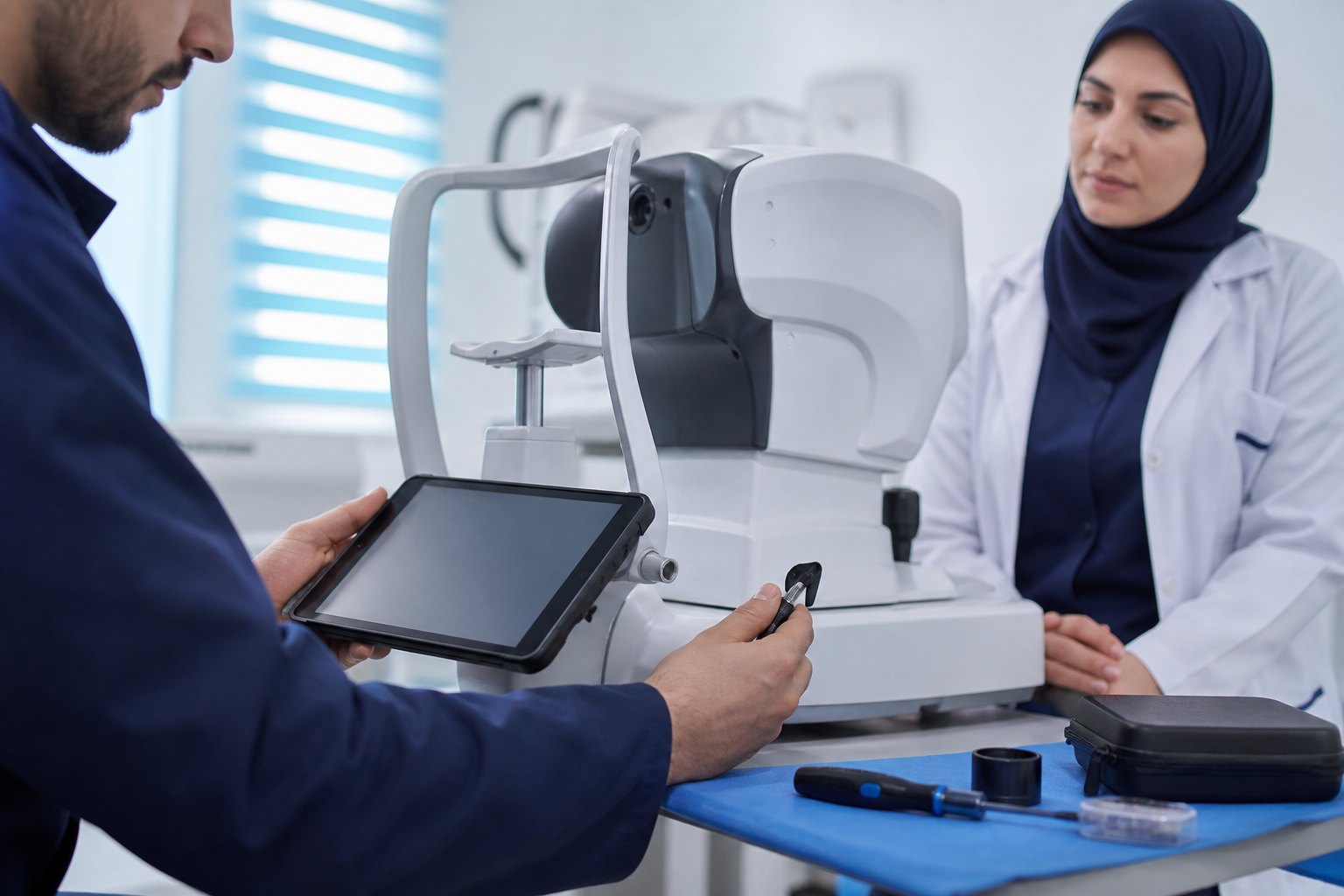 Technicien réalisant une opération de calibration sur un équipement ophtalmologique générique