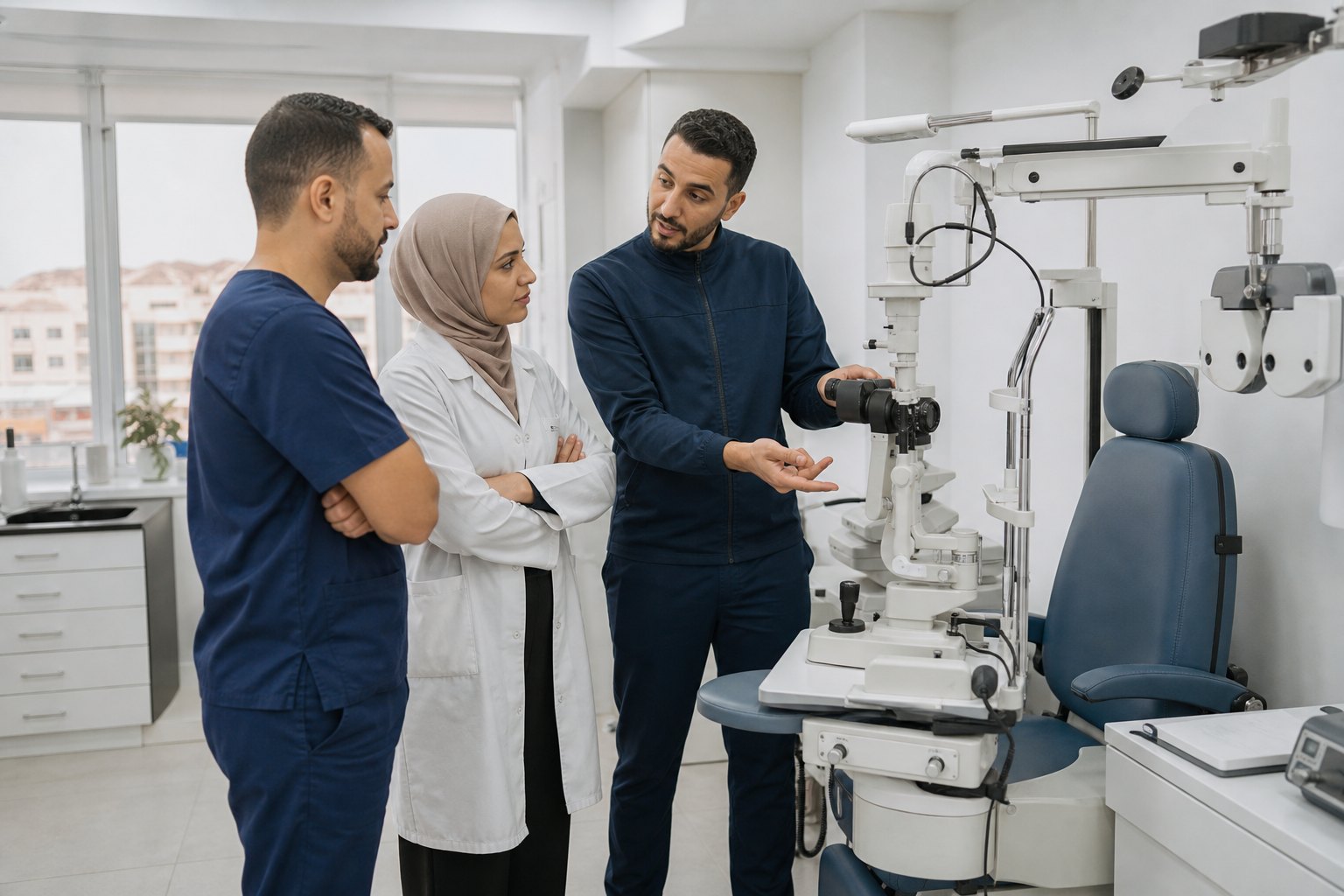 Conseiller technique présentant les commandes d’un équipement ophtalmologique à une équipe médicale