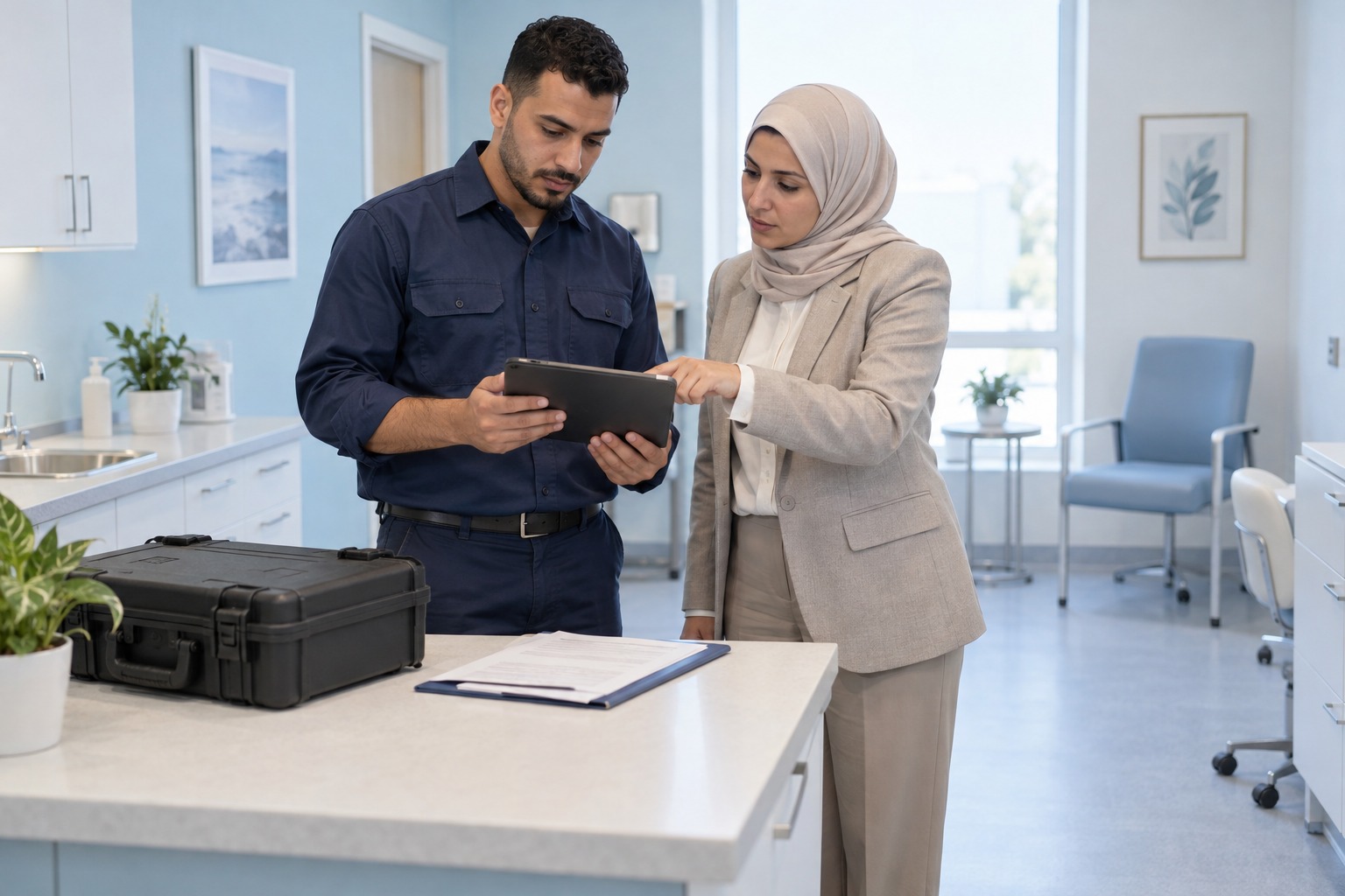 Illustrative Szene: Überprüfung einer digitalen Checkliste bei einem technischen Praxisbesuch