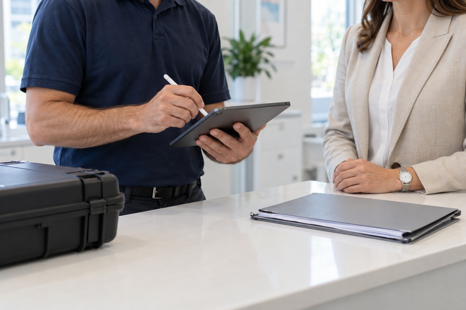Illustrative Szene: Tablet, Serviceunterlagen und Werkzeugkoffer in einer Arztpraxis
