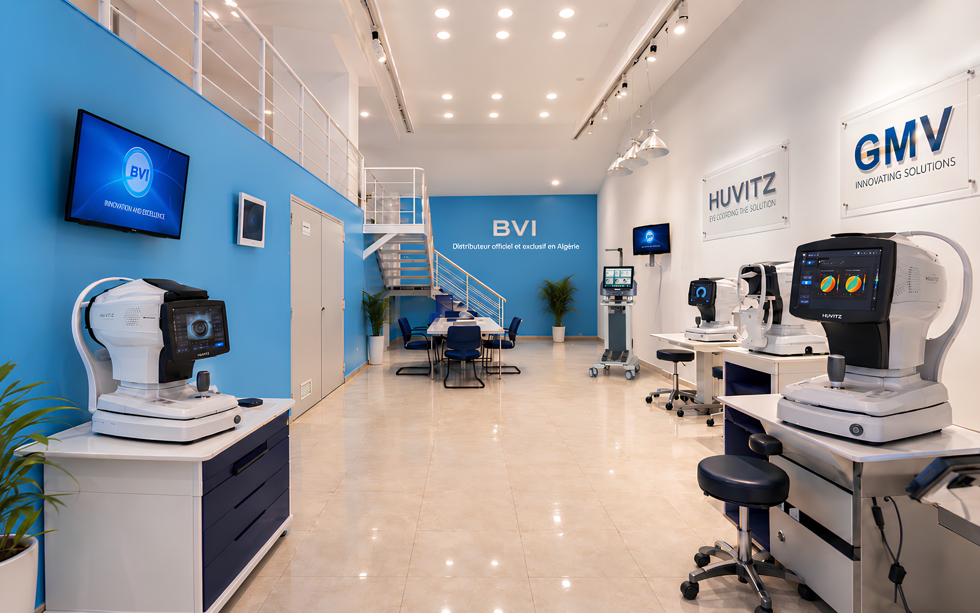 Real ASEM showroom in Hamma, Algiers, with blue wall, mezzanine and ophthalmic equipment