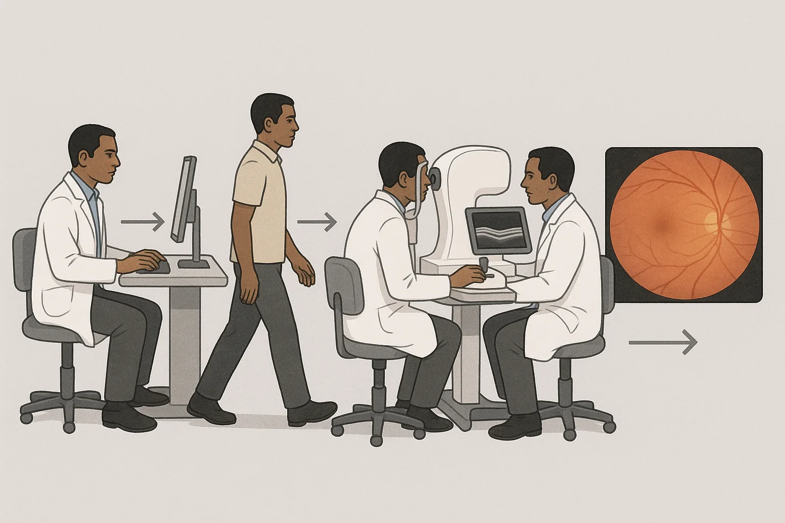 Editorial illustration of a retinal imaging workflow in an ophthalmology practice