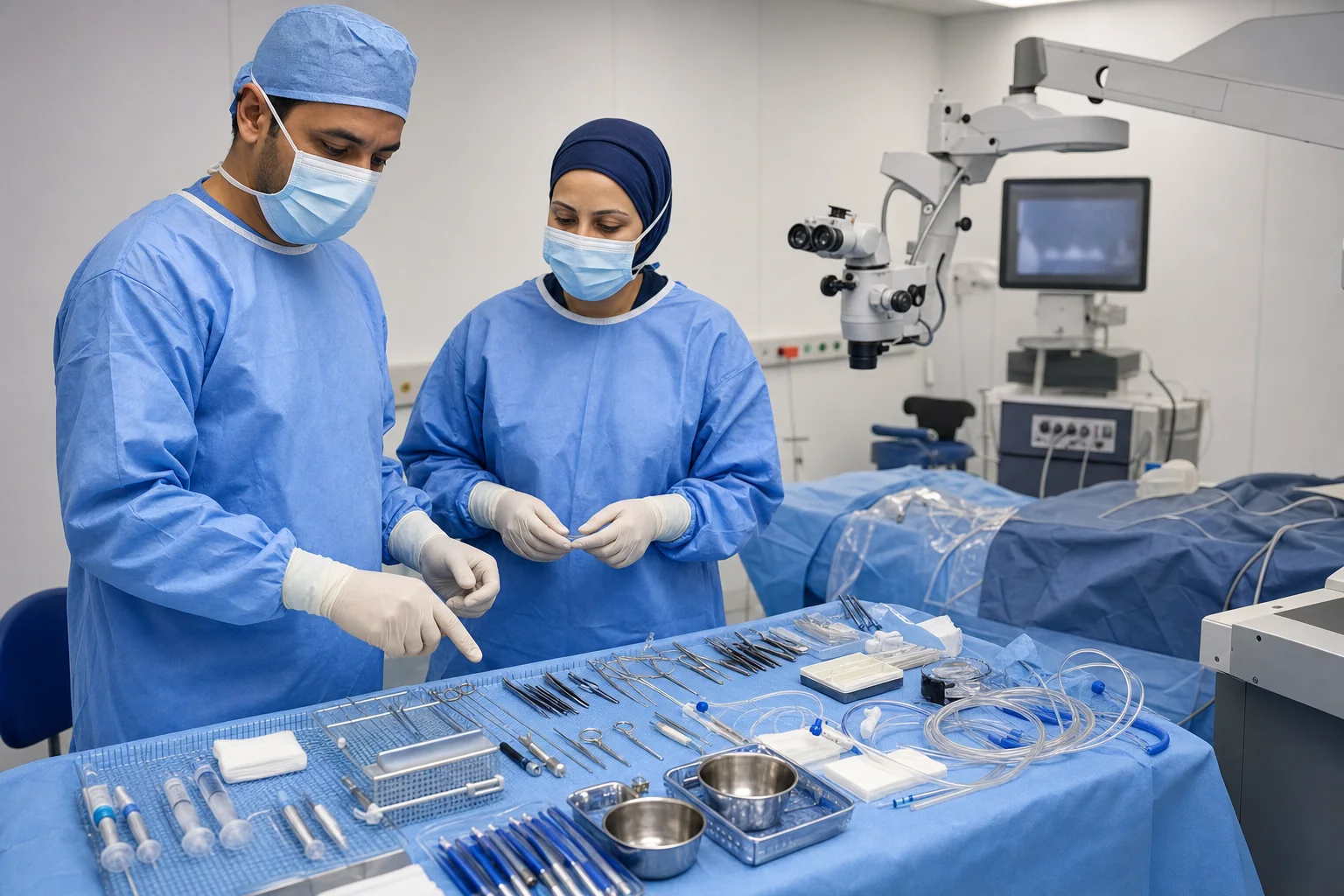 Surgical team preparing a combined ophthalmic procedure in a modern operating room