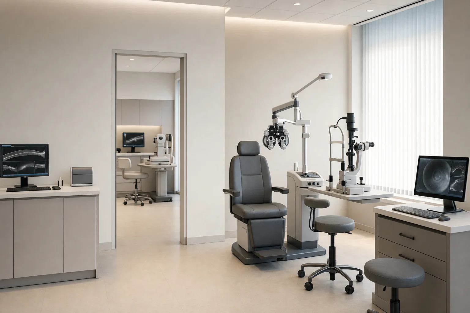Contemporary ophthalmology practice organised into refraction, clinical examination and imaging zones