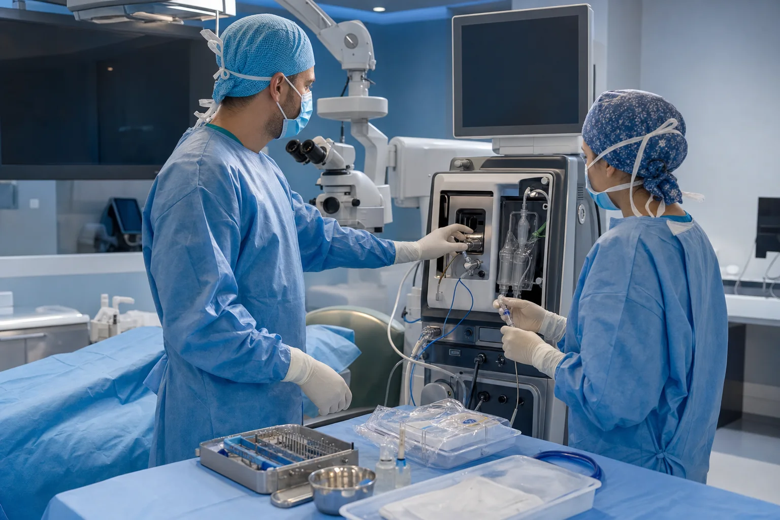 Ophthalmic team preparing a combined phaco-vitrectomy procedure in a contemporary operating room