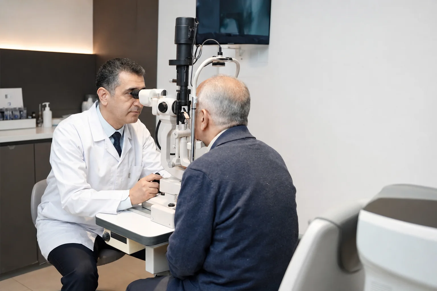 Ophthalmologist examining a pseudophakic patient at the slit lamp in a contemporary eye clinic
