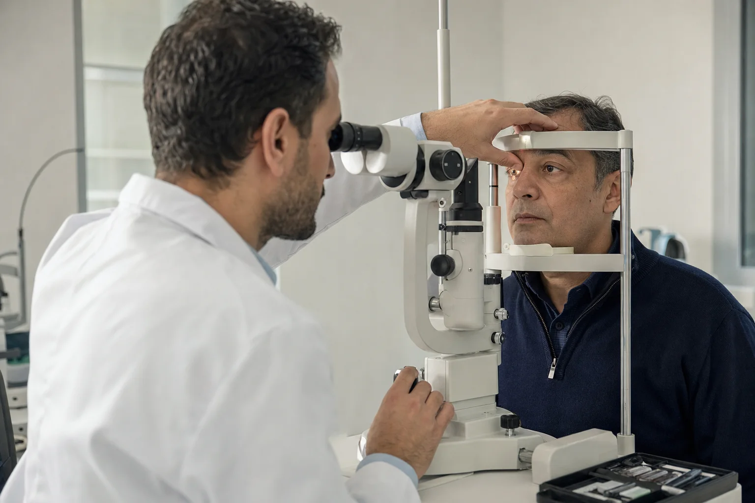 Ophtalmologue examinant une paupière supérieure dans une salle de consultation d’oculoplastie