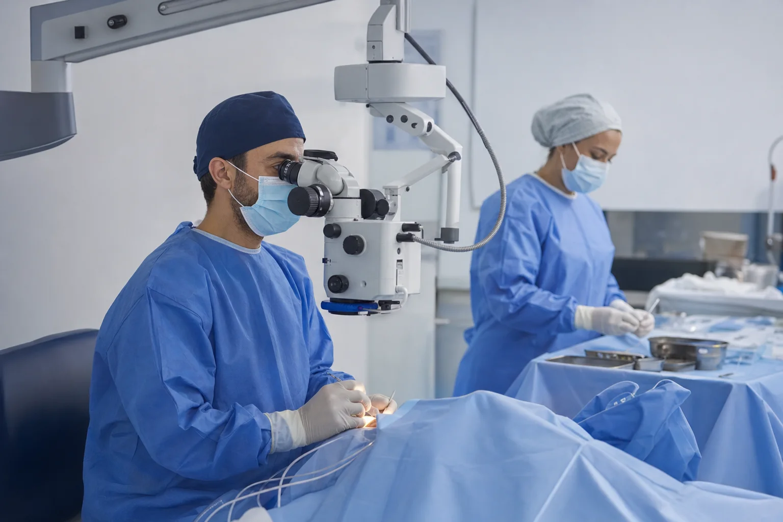 Chirurgien ophtalmologiste préparant une chirurgie combinée de la cataracte et de la rétine dans un bloc opératoire contemporain